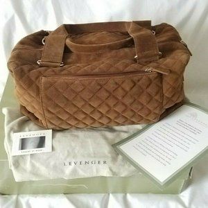 LEVENGER Quilted Brown Suede Leather Duffel Tote Travel Shoulder Bag